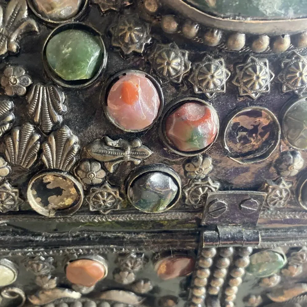 Vintage Moroccan Indian Wedding Jewelry Chest Box Dome Top Mixed Stones